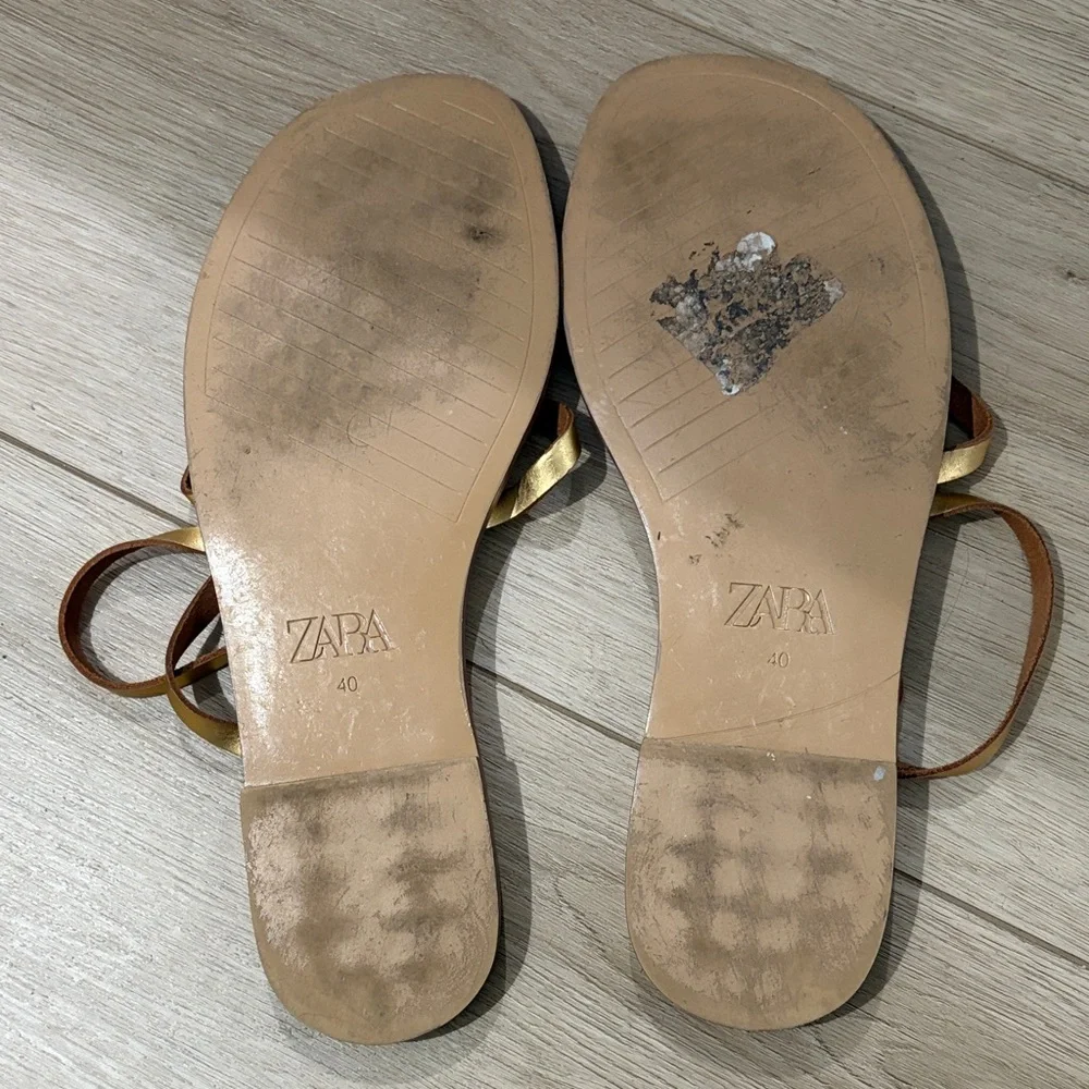 Zara Gold Leather Strappy Sandals - Picture 3 of 3